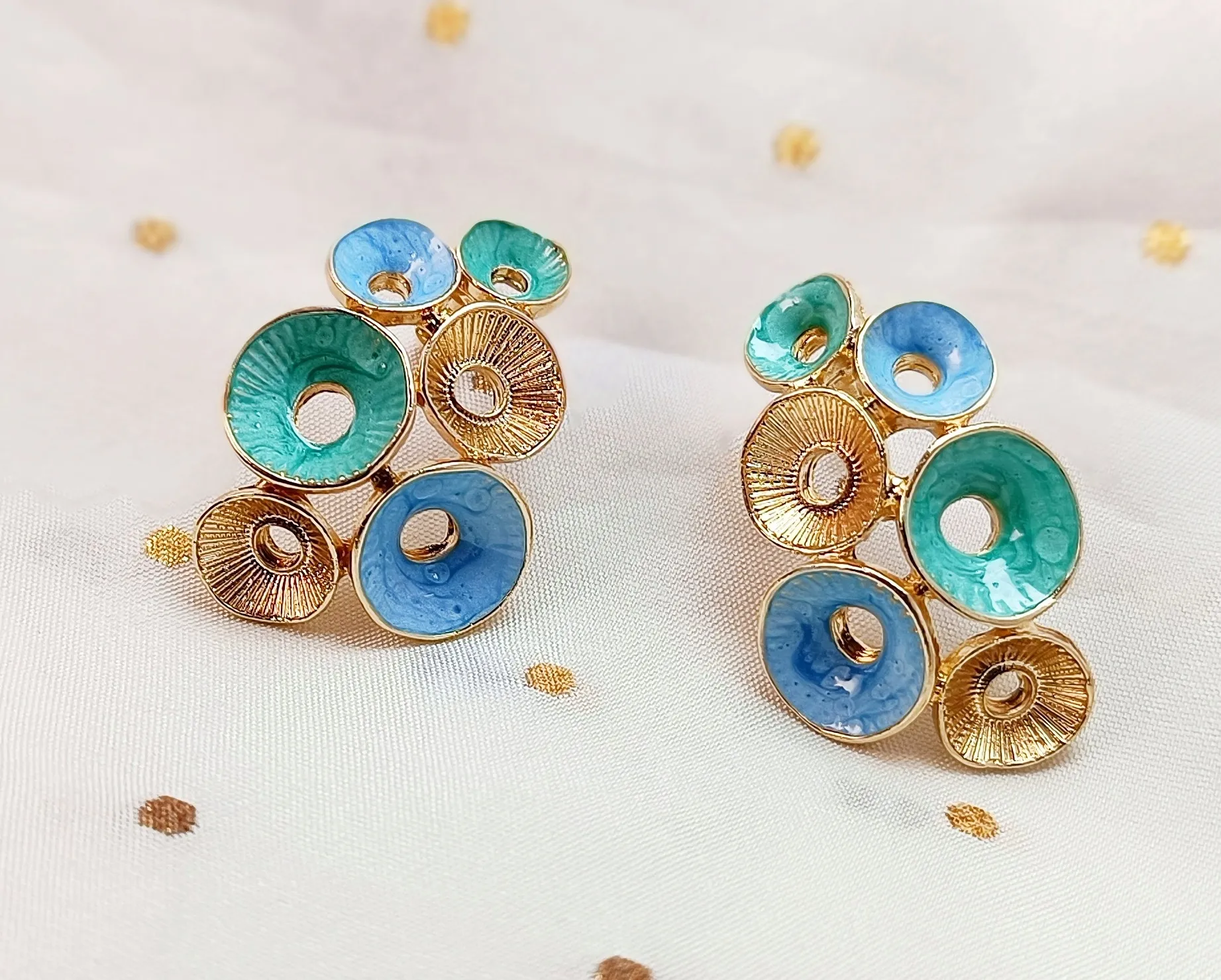 Stylish Mint Green & Blue Textured Disc Stud Earrings for Women – Gold Tone